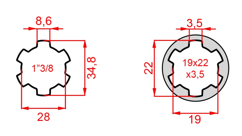 KARDANADAPTER FRA 19x22x3,5 (10 SPLINES) TIL 1-3/8 (120 mm)