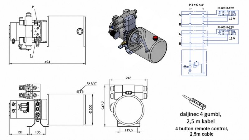 МИНИ ХИДРАВЛИЧЕН POWER-PACK 12V DC - 1.6kW = 2.1cc - 8 литра - 2x двупосочна единица (метал)