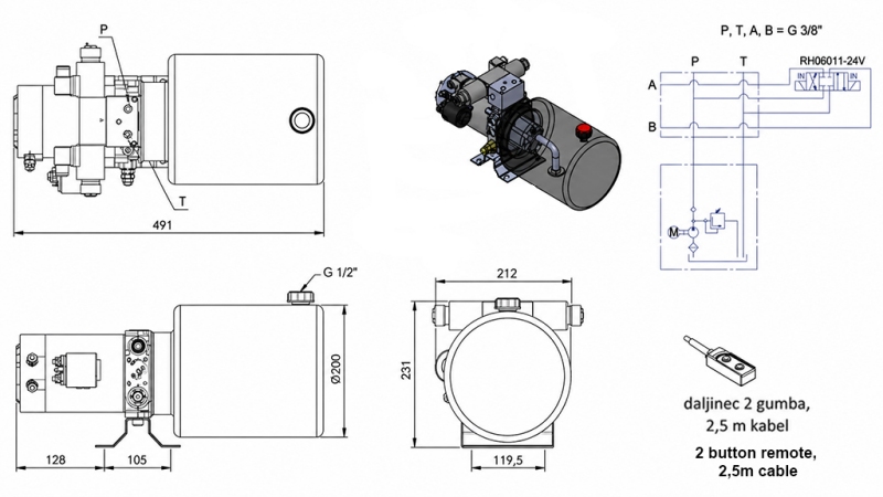 MINI HIDRAULINIS JĖGOS BLOKAS 24V DC - 2.2kW = 2.1cc - 8 lit - dvipusis įrenginys (metalinis)