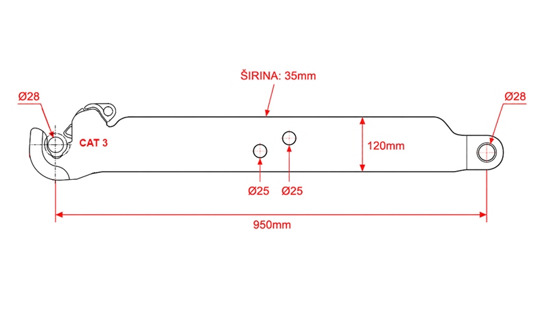 APATINĖS TRITAŠKĖS PAKABOS SVIRTYS CAT.3 - 120x35 mm - 950 mm (140 HP)
