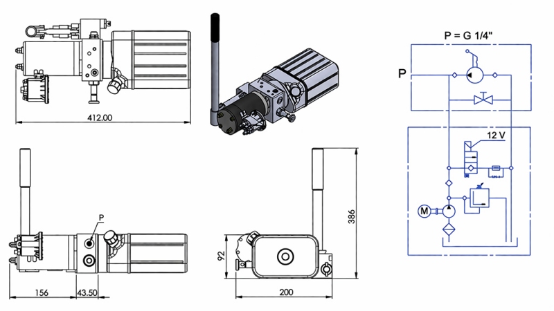 MINI HIDRAVLIČNI AGREGAT 12V DC - 0,8kW = 0,5cc - 1,5 lit - enosmerni sklop (PVC) z ročno črpalko