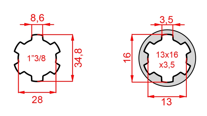 KARDANO ADAPTERIS IŠ 13x16x3,5 (6 DANTYS) Į 1-3/8 (120 mm)