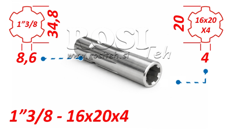 KARDANO ADAPTERIS IŠ 16x20x4 (6 DANTYS) Į 1-3/8 (120 mm)