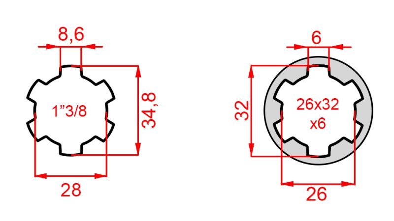 KARDANO ADAPTERIS IŠ 26x32x6 (6 DANTYS) Į 1-3/8 (145 mm)