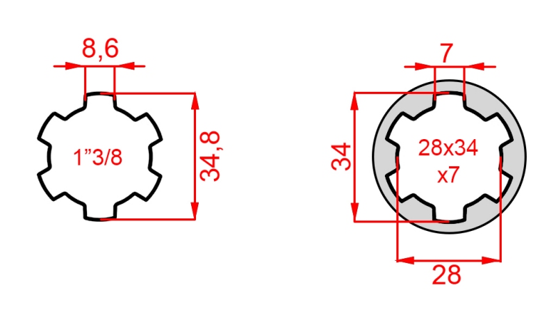 KARDANO ADAPTERIS IŠ 28x34x7 (6 DANTYS) Į 1-3/8 (145 mm)