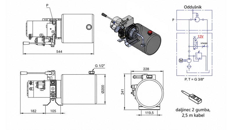 MINI HIDRAULIKUS EGYSÉG 12V DC - 1,6kW = 2,1cc - 8 lit - egyirányú egység KÉZI SZIVATTYÚVAL
