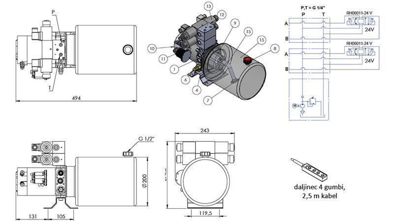 MINI AGGREGATO IDRAULICO 24V DC - 2.2kW = 2.1cc - 8 lit - assemblaggio bidirezionale 2x (metallo)