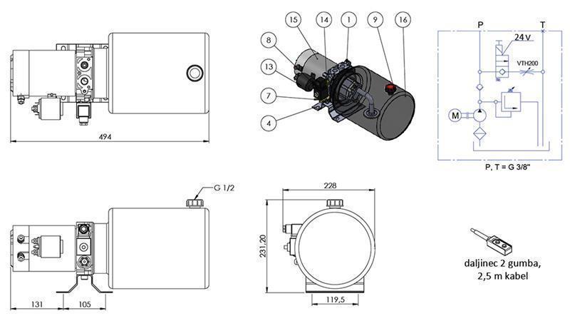 MINI HIDRAULINIS AGREGATAS 24V DC - 2.2kW = 2.1cc - 8 lit - vienpusis surinkimas (metalinis)