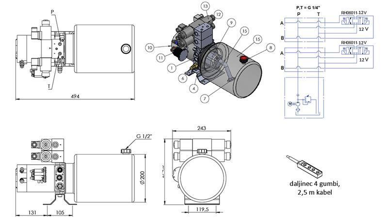 MINI HIDRAULINIS AGREGATAS 12V DC - 1.6kW = 2.1cc - 8 lit - 2x dvipusis surinkimas (metalinis)