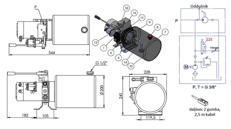 MINI HIDRAULINIS AGREGATAS 12V DC - 1.6kW = 2.1cc - 8 lit - vienpusis surinkimas SU RANKINE PUMPOMIS