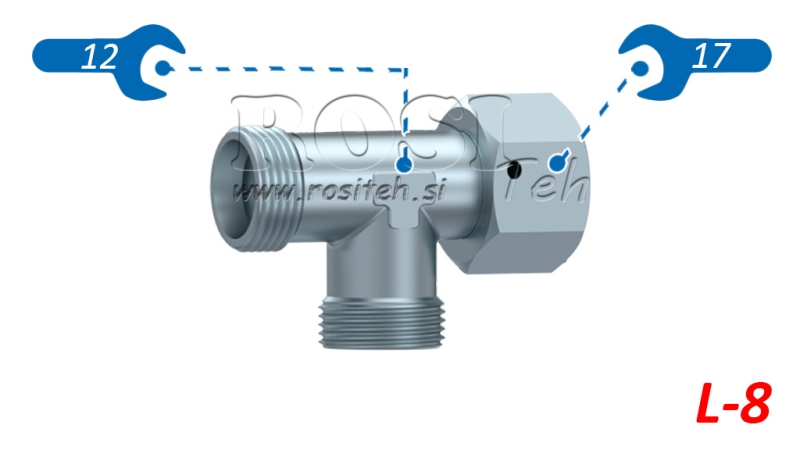 HYDRAULISK T-STYKKE L-8 MED SIDE DREJELIG MØTRIK M14X1,5