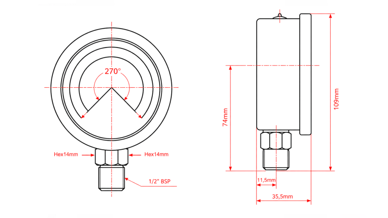 MANOMETRAS DN100 VERTIKALUS 0 - 250 BAR - 1/2