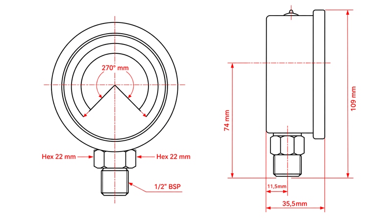MANOMETRAS DN100 VERTIKALUS 0 - 20 BAR - 1/2