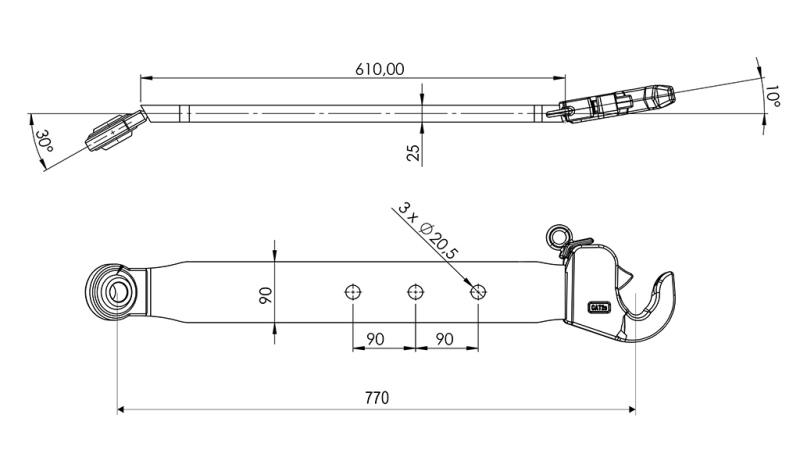 APATINĖS TRITAŠKĖS PAKABOS SVIRTYS CAT. 2 - 70x20 mm - 770 mm (75 HP)