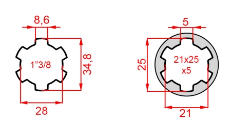 KARDAN ADAPTER VAN 21x25x5 (6 SPLINES) NAAR 1-3/8 (140 mm)