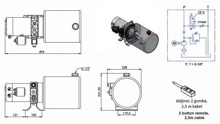 MINI HIDRAULINIS JĖGOS BLOKAS 12V DC - 1.6kW = 2.1cc - 8 litrų - vienfazis įrenginys (metalinis)