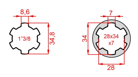 KARDANO ADAPTERIS IŠ 28x34x7 (6 DANTYS) Į 1-3/8 (145 mm)
