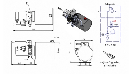 MINI HIDRAULIKUS EGYSÉG 12V DC - 1,6kW = 2,1cc - 8 lit - egyirányú egység KÉZI SZIVATTYÚVAL