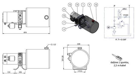 MINI HIDRAULINIS AGREGATAS 24V DC - 2.2kW = 2.1cc - 8 lit - vienpusis surinkimas (metalinis)