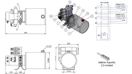 MINI HIDRAULINIS AGREGATAS 12V DC - 1.6kW = 2.1cc - 8 lit - 2x dvipusis surinkimas (metalinis)