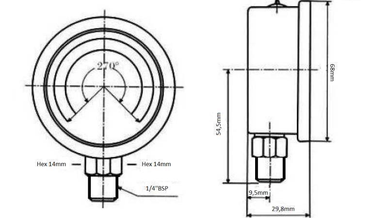 MANOMETRAS DN63 VERTIKALUS 0 - 4 BAR - 1/4-dimensions