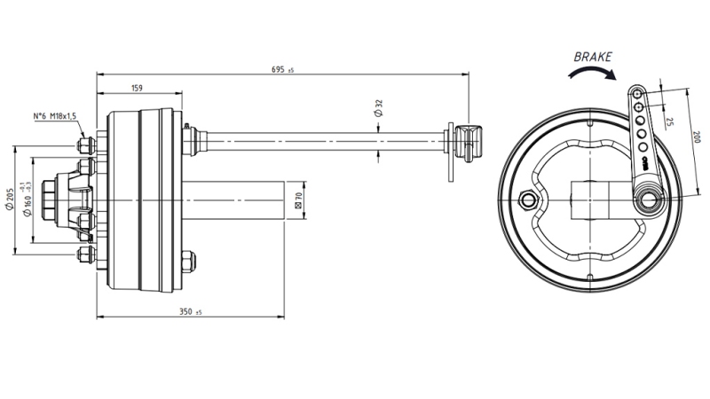 AKSEL MED BREMSER 3,600 kg L.250 mm