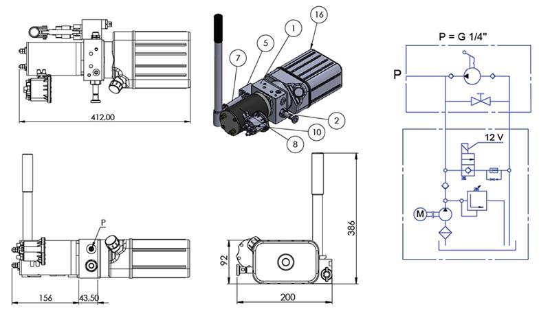 MINI HYDRAULISK AGGREGAT 12V DC - 0.8kW = 0.5cc - 1.5 lit - enfas enhet (PVC) med manuell pump