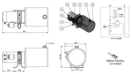 MINI HIDRAULINIS AGREGATAS 12V DC - 1.6kW = 2.1cc - 8 lit - vienpusis surinkimas (metalinis)
