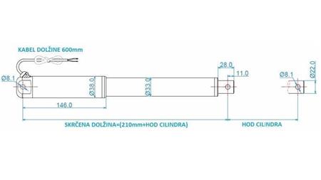CILINDRO ELETTRICO 12V 150kg-5mm/sec CORSO 500mm - dimensioni