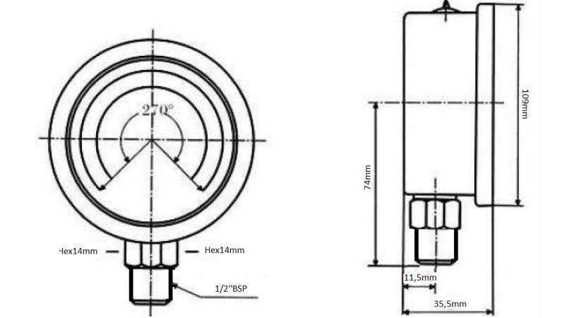 MANOMETER DN100 VERTIKAL 0 - 160 BAR - 1/2-dimensjoner